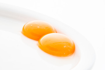 Raw yellow egg yolk in white plate.