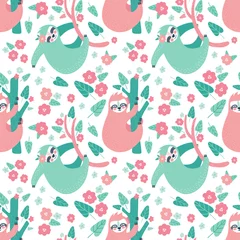 Wallpaper murals Sloths Seamless tropical pattern with funny sloths hanging on the tree. Adorable cartoon animal background. Rainforest set of cute sloths, flowers, leaves. Hand drawn design for fabric in scandinavian style.