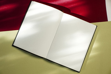 An open book on a table with spots of sunlight.