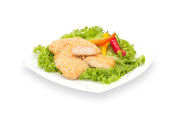 Delicious Crispy Chicken Fillet in batter with chilly pepper and lettuce