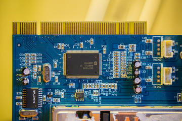Electronic circuit board background, close up. 