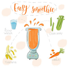Illustration of smoothie recipe from banana celery and carrot in a blender. Vector