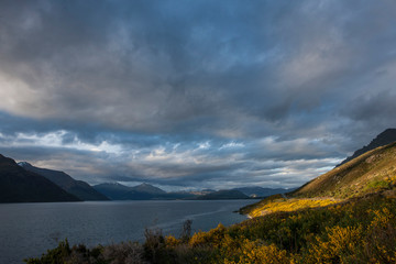 Lake Wakatipu. Mountains. Clouds. Sunset. Twilight