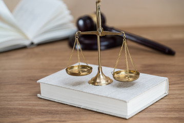 Lawyers office concept on rustic wooden table.