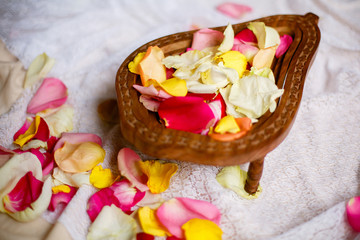 wooden bowl with colorful rose petals on a white background