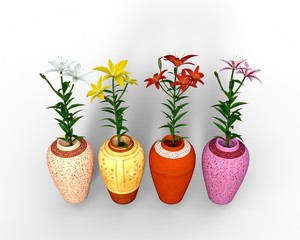colorful flowers in personalized vases. white, yellow, red, purple, pink, orange. 3D illustration. Decorative, modern, vintage, ornamental plants, bright colors, cozy home, luxurious, green, isolated