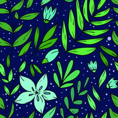 Seamless vector pattern with leaf, branch with leaves and flower on dark blue background. Wallpaper, textile and fabric design. Good for printing. Cute floral wrapping paper pattern.