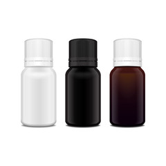 Set of realistic essential oil white, brown, black glass bottle. Mock up bottle cosmetic or medical vial, flask, flacon 3d illustration