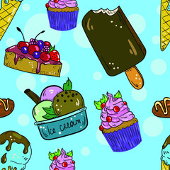Seamless vector pattern with ice cream, cake, muffin, cupcake and chocolate candy on blue background. Good for printing. Wallpaper, fabric and textile design. Cute wrapping paper pattern.