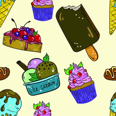 Seamless vector pattern with ice cream and cupcake on beige background. Good for printing. Wallpaper, fabric and textile design. Wrapping paper pattern. Cute design.