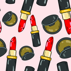 Seamless vector pattern with blush and red lipstick on pink background. Good for printing. Wallpaper, fabric and textile design. Wrapping paper cute pattern. 
