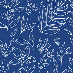 Seamless vector pattern with hand drawn contour flowers and leaves on blue background. Spring bouquet illustration.  Good for printing. Wallpaper, fabric and textile idea. Wrapping paper design. 