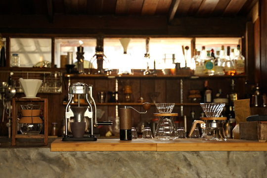Coffee equipments in the coffee shop on timber counter