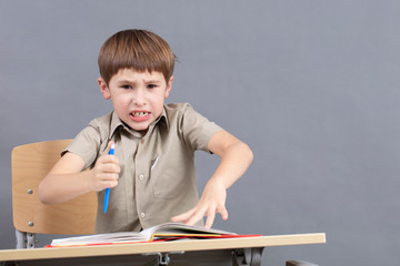 A primary school student is doing homework. The child at the desk with the textbook is angry. The...