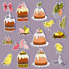 Set of easter gift stickers, scrapbooking elements, labels, badges with cute rabbits, cakes, eggs, chickens.