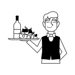 man waiter holding tray with bottle wine on white background
