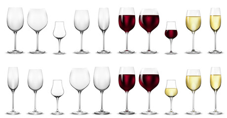 Full and empty glasses for white and red wine.