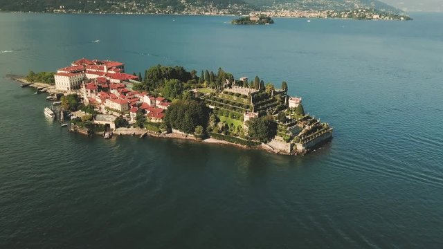Aerial view of Lago Maggiore Isola Bella shot in 4k