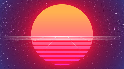 80s Sun Background. Retro Future Sunset Banner. Big Neon Sun. Synthwave Backdrop. Retrowave Style. Party flyer, poster, print template. 80s Sci-fi Vector Illustration