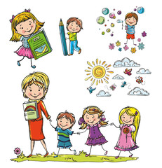 story compositions with children, school, teachers, study.