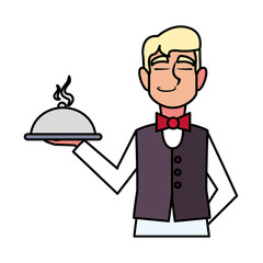 man waiter holding tray on white background