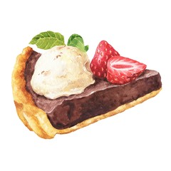 Watercolor chocolate slice of cake with ice cream and strawberry isolated on white background. Hand drawn delicious food illustration.