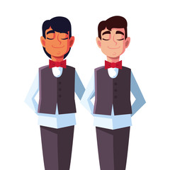 men waiters with uniform in different poses