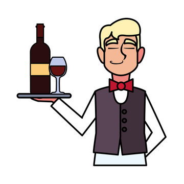man waiter holding tray with bottle wine on white background