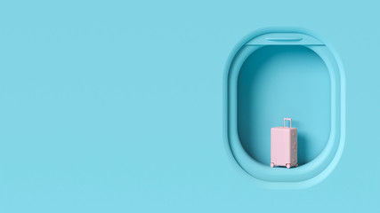 Pink travel luggage on airplane window, traveling vacation concept. Pastel blue studio room, plane porthole, pastel feminine plastic suitcase, minimalist design interior background with space for text