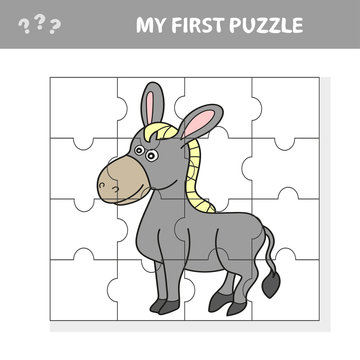 Cartoon Vector Illustration of Education Jigsaw Puzzle Game for Preschool Children with Funny Donkey Farm Animal - My first puzzle