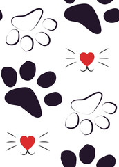 Cat paws & hearts - seamless pattern.