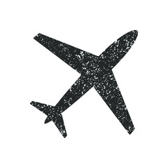 Airplane symbol. Airport sign. Aviation icon. Grunge texture logo. Black silhouette isolated on white background. Vector illustration image.