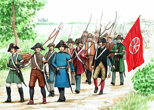 Insurgents on the march. Uprising in Germany. Historical illustration.