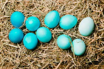 Ten easter eggs in blue gradient color design. On a wooden vintage background..