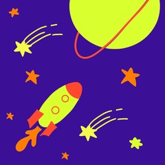 space poster with planet shooting stars and spaceship