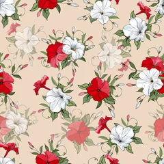 Badezimmer Foto Rückwand Vector seamless floral pattern with flowers white, red petunia and green leaves on pale yellow background. Hand drawn. For design, textile, print, wallpapers, wrapping paper. Stock illustration. © Irina