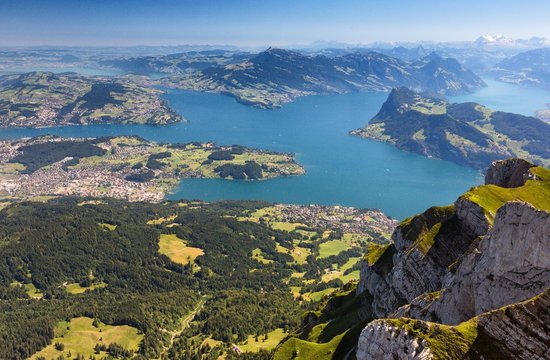 Aerial view of the Lake of Lucerne from Pilatus Mountain, Border Area between the Cantons of Lucerne, Nidwalden and Obwalden