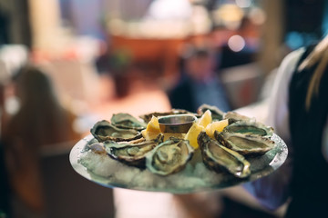 a waiter holds a serving of oysters in a restaurant.