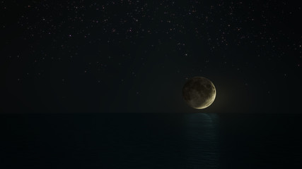 Super full moon above the ocean horizon at midnight, moonlight reflect the water surface and wave, Beautiful nature landscape view at night scene of the sea for background