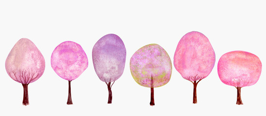 Spring pink trees set background. Watercolor cartoon colorful fresh tree collection