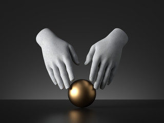 3d render mannequin hands touching golden ball magical trick, palmistry metaphor, isolated on black background, modern minimal concept, simple clean design. Human limb prosthesis. Sculpture art object