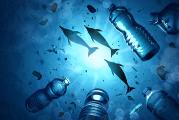 Dolphins swimming in an ocean filled with microplastics and plastic waste. Ocean water pollution concept. 3D illustration. © James Thew