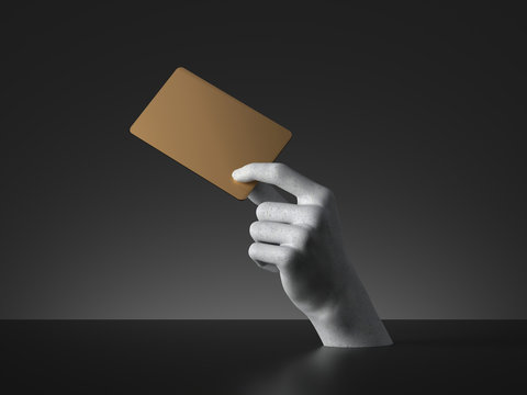 3d render, mannequin hand holding blank golden card or ticket isolated on black background. Payment metaphor. Modern minimal concept, simple clean design. Concrete sculpture. Artificial human limb