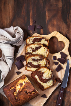 Delicious Homemade Marble Pound Cake  On Wooden Background, Top View