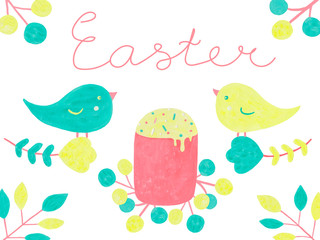 Funny easter illustration with cute birds and spring twigs. For design on postcards, prints, clothes, digital paper and textiles.