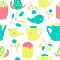 Poster Seamless pattern with little birds, spring branches, watering can and easter cakes. Gouache and acrylic hand drawn elements. For packaging, textiles and prints. © Ika.Artist