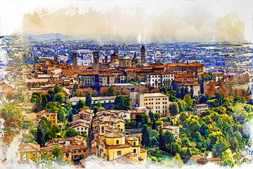 Panoramic veiw on Upper old city (Citta Alta) in Bergamo with historic buildings. Color pencil and watercolor sketch style illustration.