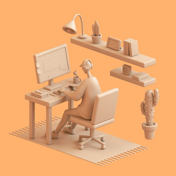 Young man sitting at office desk working on computer. Cartoon guy with headphones listening to music. Modern teenager boy room with workplace, bookshelves, cactus. 3d illustration on orange background