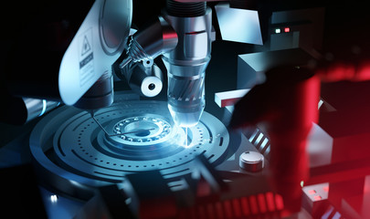 Engineering and fabrication background. Complex programmable machines producing metal parts. 3D illustration