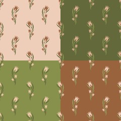 Set of seamless patterns with tulip flowers. Floral ornament on brown and green backgrounds. Summer and spring theme. Repeating texture for wallpaper design, textile, wrapping paper. Vector image.